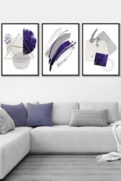 ARTZE Set of 3 Black Framed Abstract Purple Silver Watercolour Shapes Wall Art - Size: W53 cm x H73 cm x D20mm