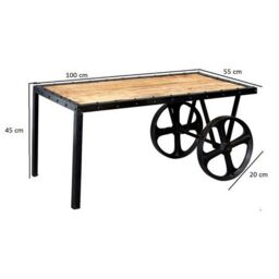 Indian Hub Cosmo Industrial Cart Coffee Table - Solid Mango Wood - L55xW100xH45cm in Brown - thumbnail 3