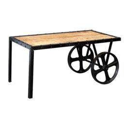 Indian Hub Cosmo Industrial Cart Coffee Table - Solid Mango Wood - L55xW100xH45cm in Brown - thumbnail 1