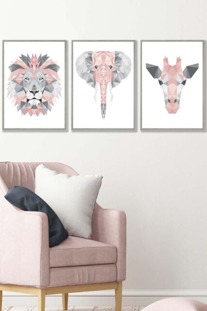 ARTZE Geometric Pink Grey Jungle Animal Heads Framed Wall Art - Medium in Light Grey - Size: W45 cm x H62 cm x D20mm - image 1