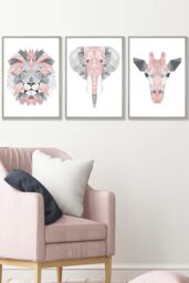 ARTZE Geometric Pink Grey Jungle Animal Heads Framed Wall Art - Medium in Light Grey - Size: W45 cm x H62 cm x D20mm - thumbnail 1