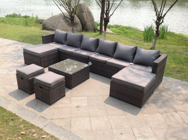 Fimous Lounge Couch Rattan Corner Sofa Set Coffee Table Stools Garden Furniture Outdoor in Light Grey - image 1