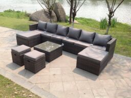 Fimous Lounge Couch Rattan Corner Sofa Set Coffee Table Stools Garden Furniture Outdoor in Light Grey - thumbnail 1