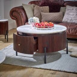 Indian Hub Opal Round Fluted Coffee Table with Marble Top & Metal Legs in Brown - thumbnail 3