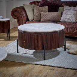 Indian Hub Opal Round Fluted Coffee Table with Marble Top & Metal Legs in Brown - thumbnail 2