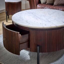 Indian Hub Opal Round Fluted Coffee Table with Marble Top & Metal Legs in Brown - thumbnail 5