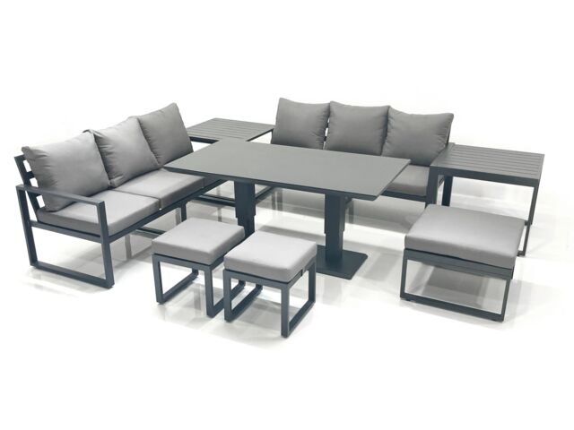 Fimous 9 Seater Aluminium Outdoor Garden Furniture Set with Adjustable Rising Lifting Dining Table 3 Seater Sofa 3 Footstools 2 Side Tables Dark Grey - image 1