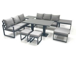 Fimous 9 Seater Aluminium Outdoor Garden Furniture Set with Adjustable Rising Lifting Dining Table 3 Seater Sofa 3 Footstools 2 Side Tables Dark Grey - thumbnail 2