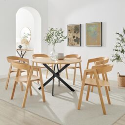 FurnitureboxUK Novara 120cm Oak Veneer Top Round Dining Table & 6 Oak Masa Chairs in Brown - thumbnail 1