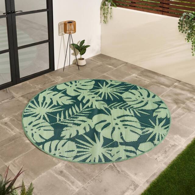 OHS Palms Reversible Round Outdoor Garden Rug Waterproof Area Floor Mat in Green - Size: 170 cm diameter - image 1