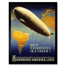 "Artery8 Travel Tourism Airship Zeppelin Germany South America Framed Art Print in Blue - Size: W12"" x H16""" - thumbnail 1