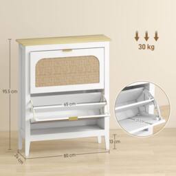 HOMCOM Boho Slim Shoe Cabinet with Rattan Doors, Holds 14 Pairs, White - thumbnail 3