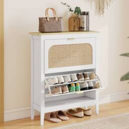 HOMCOM Boho Slim Shoe Cabinet with Rattan Doors, Holds 14 Pairs, White