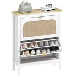 HOMCOM Boho Slim Shoe Cabinet with Rattan Doors, Holds 14 Pairs, White - thumbnail 2