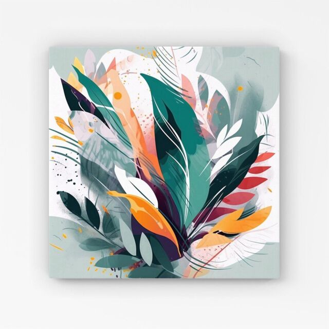 Warren Reed - Designer Coloured Abstrace Feather Leaves Canvas in Green - Size: w10 inch x h10 inch - image 1