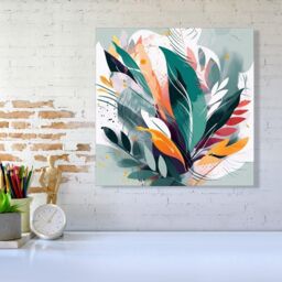 Warren Reed - Designer Coloured Abstrace Feather Leaves Canvas in Green - Size: w10 inch x h10 inch - thumbnail 2