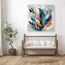 Warren Reed - Designer Coloured Abstrace Feather Leaves Canvas in Green - Size: w10 inch x h10 inch - thumbnail 3