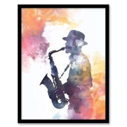"Artery8 Saxophone Jazz Musician Orange Purple Watercolour Framed Art Print - Size: W12"" x H16""" - thumbnail 1