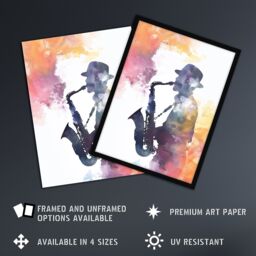 "Artery8 Saxophone Jazz Musician Orange Purple Watercolour Framed Art Print - Size: W12"" x H16""" - thumbnail 2