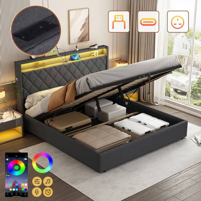 Matteo Grey Linen Double Ottoman Bed Frame - Hydraulic Storage, LED, Charging - image 1