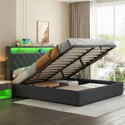 Matteo Grey Linen Double Ottoman Bed Frame - Hydraulic Storage, LED, Charging - thumbnail 4
