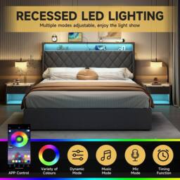 Matteo Grey Linen Double Ottoman Bed Frame - Hydraulic Storage, LED, Charging - thumbnail 5