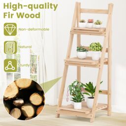 Costway 3-Tier Wooden Plant Stand Foldable Ladder Storage Shelf in Natural - thumbnail 4