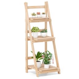 Costway 3-Tier Wooden Plant Stand Foldable Ladder Storage Shelf in Natural