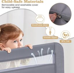 Gymax 100CM Baby Bed Rail Folding Down Bed Guard With Strap & Washable Cover in Grey - thumbnail 2