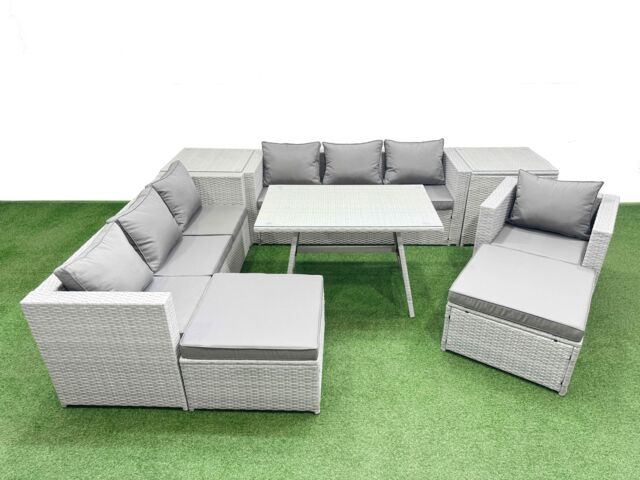 Fimous 9-seater Patio 3 Seater Sofa Armchair Set with 2 Side Tables 2 Stools in Light Grey - image 1