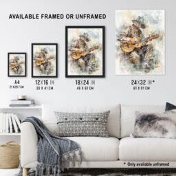 "Artery8 Country Music Guitarist Watercolour Portrait Framed Art Print in Brown - Size: W12"" x H16""" - thumbnail 3