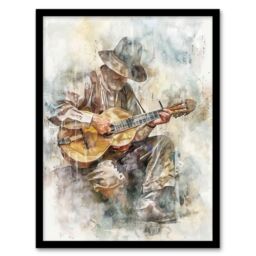 "Artery8 Country Music Guitarist Watercolour Portrait Framed Art Print in Brown - Size: W12"" x H16""" - thumbnail 1