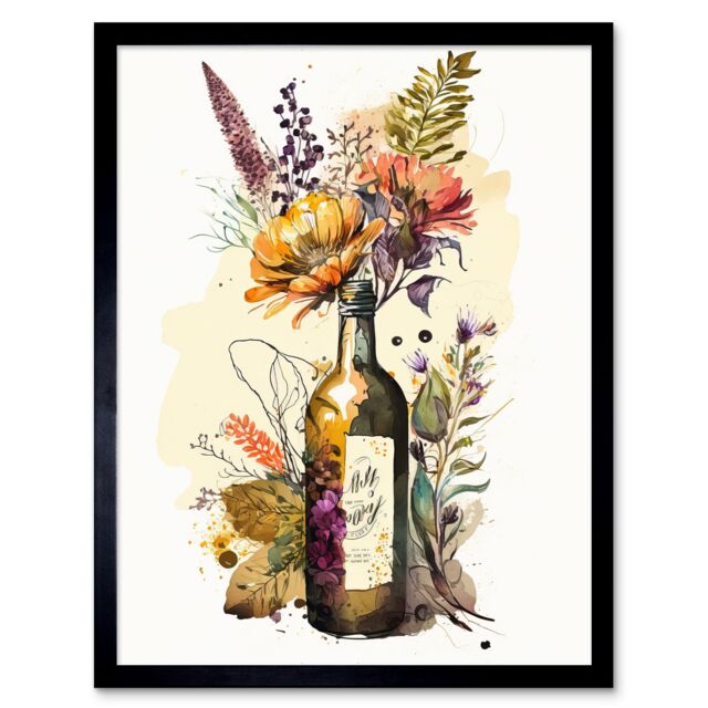 "Artery8 Wall Art Print Wildflower Bouquet in Upcycled Glass Wine Bottle Art Framed in Black - Size: W12"" x H16""" - image 1