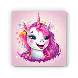 "Warren Reed - Designer Happy Unicorn Splashart Canvas in Pink - Size: W16"" x H16""" - thumbnail 2