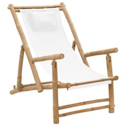 Berkfield Home Deck Chair Bamboo & Canvas Cream White - thumbnail 1
