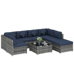 OUTSUNNY 8 Pieces Patio Rattan Sofa Set, Garden Furniture Set Dark Blue - thumbnail 2
