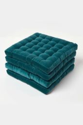 Homescapes 4 Pack Seat Pads Luxury Cotton Velvet Indoor Outdoor Garden Cushion, 40cm in Teal - Size: 40 cm x 40 cm