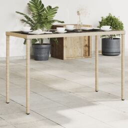 Berkfield Home Garden Table with Glass Top Beige 115x54x74 cm Poly Rattan - Size: 115 x 54 x 74 cm - thumbnail 1