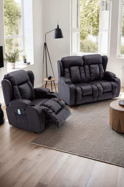 More4Homes Caesar Manual Recliner Bonded Leather 1+2 Seater Sofa Set in Black - image 1