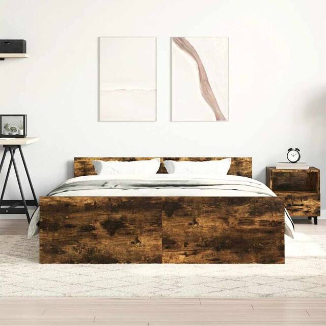 Berkfield Home Durable Bed Frame with Headboard & Footboard Smoked Oak 150x200 in Brown - Size: King - image 1