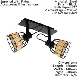 Loops Adjustable 2 Bulb Ceiling Spotlight Black Wicker Shade 40W E27 Kitchen Island - thumbnail 2