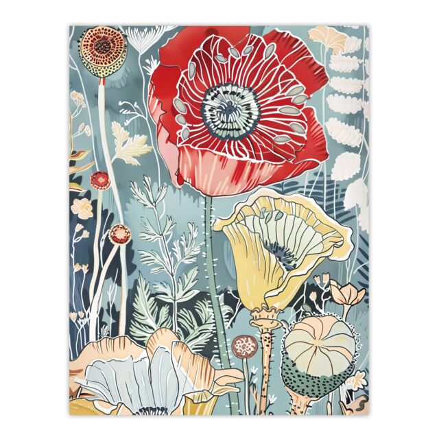 "Artery8 Stylised Poppy Flowers Pastel Colour Design Wall Art Print in Blue - Size: W24"" x H32""" - image 1