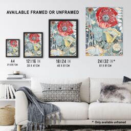 "Artery8 Stylised Poppy Flowers Pastel Colour Design Wall Art Print in Blue - Size: W24"" x H32""" - thumbnail 3