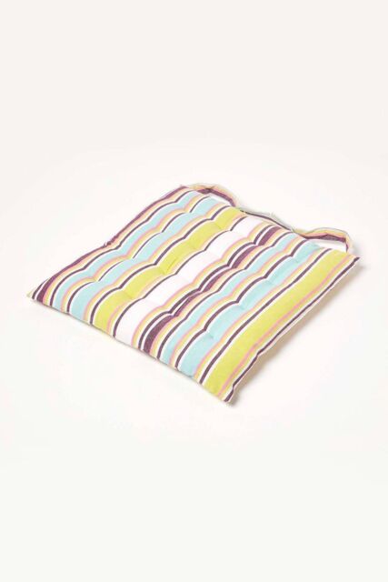 Homescapes Osaka Green Stripe Seat Pad with Button Straps 100% Cotton, 40 x 40cm - Size: 40 x 40 cm - image 1