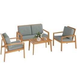 OUTSUNNY 4 Pieces Wooden Garden Furniture Set with Cushions, Teak in Brown - thumbnail 2