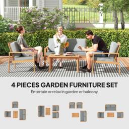 OUTSUNNY 4 Pieces Wooden Garden Furniture Set with Cushions, Teak in Brown - thumbnail 4