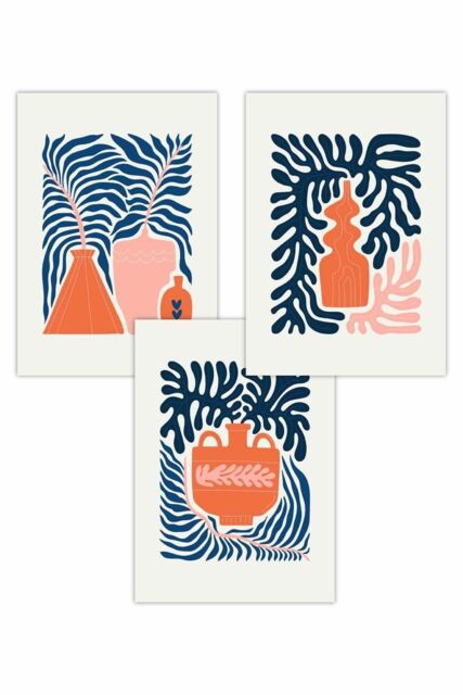 ARTZE Set of 3 Pink & Navy Blue Boho Graphical Botanical Art Posters - Size: W50 cm x H70 cm - image 1