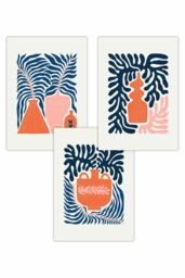 ARTZE Set of 3 Pink & Navy Blue Boho Graphical Botanical Art Posters - Size: W50 cm x H70 cm - thumbnail 1