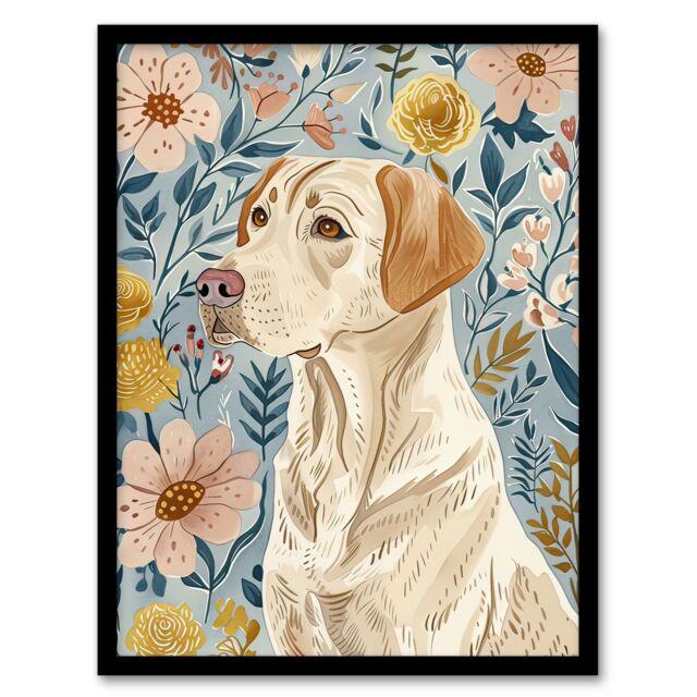 "Artery8 Labrador Retriever Dog Lover Floral Pastel Colour Framed Wall Art - Size: W12"" x H16""" - image 1