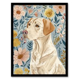 "Artery8 Labrador Retriever Dog Lover Floral Pastel Colour Framed Wall Art - Size: W12"" x H16""" - thumbnail 1